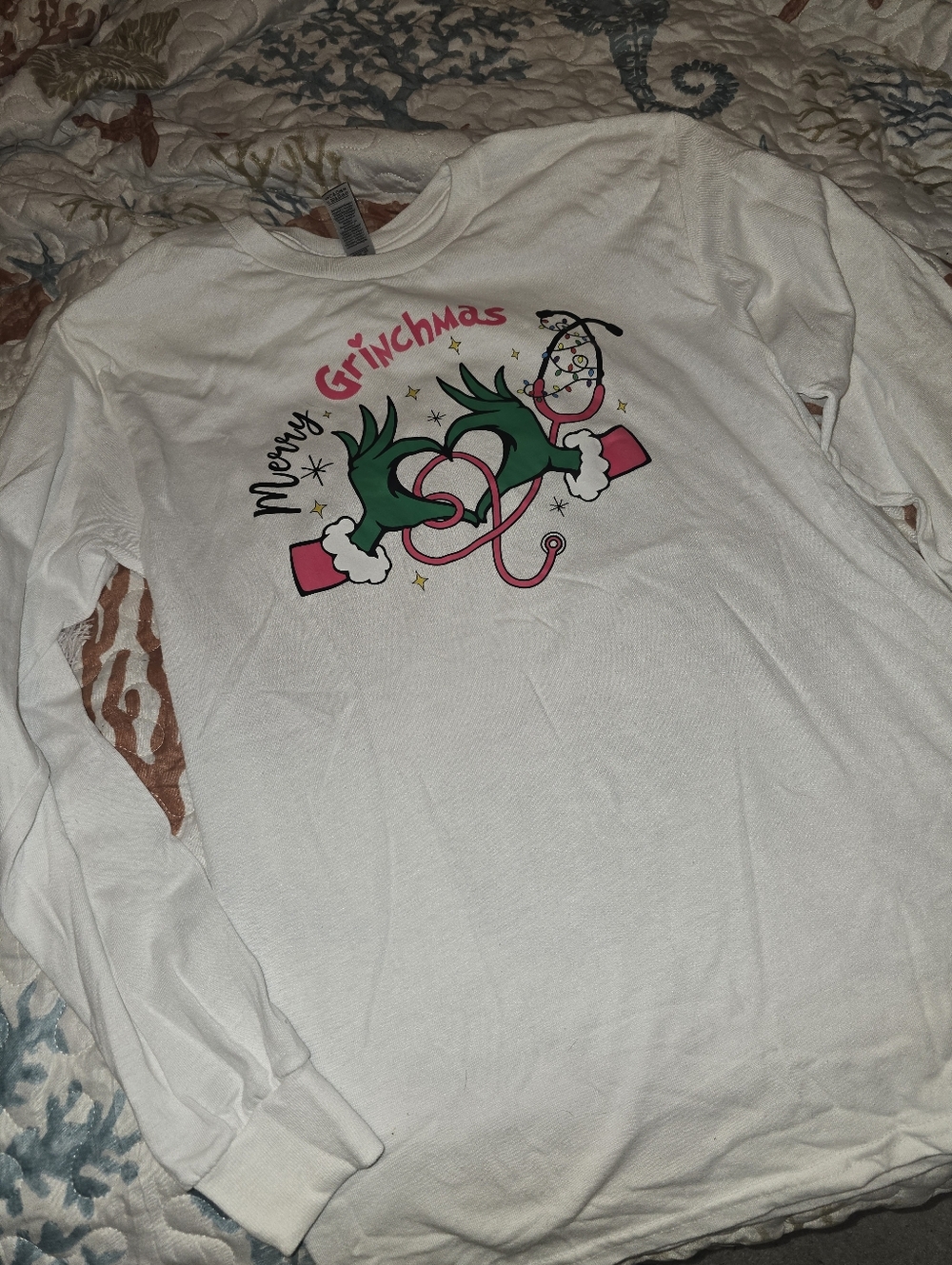 Merry Grinchmas Graphic Long Sleeve Shirt - White & Green Nurse Pink